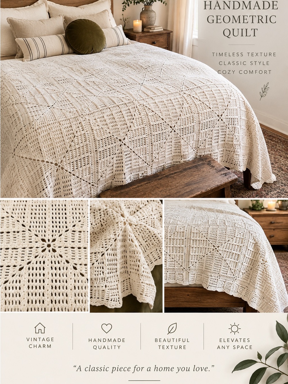 Vintage Handmade White Geometric Quilted Bedding